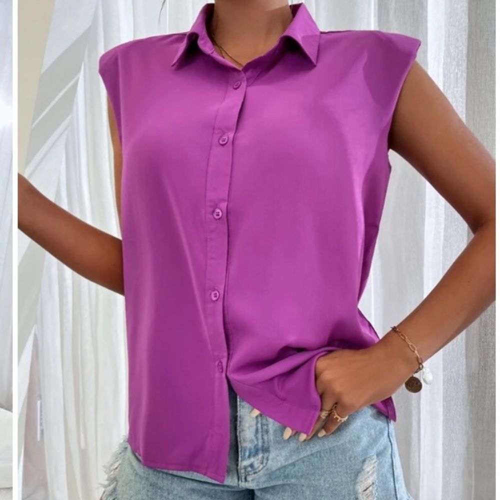 Button Front Pad Shoulder Shirt Purple Size EXTRA SMALL/XS